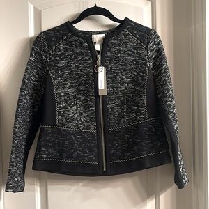 Chicos‎ Black White Pieced Jacquard Zip Jacket Metallic Threading 0P
